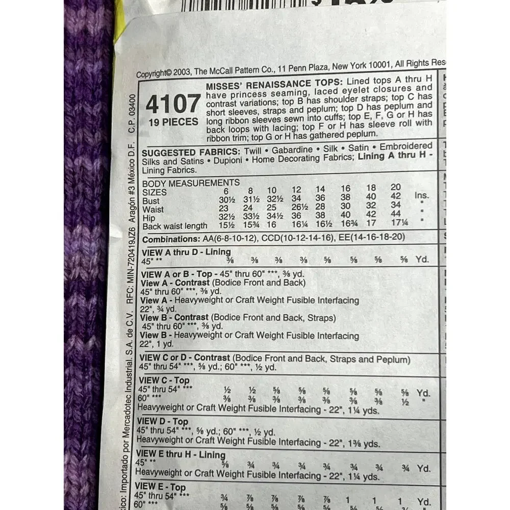 McCalls 4107 sewing pattern Renaissance tops size 14 16 18 20